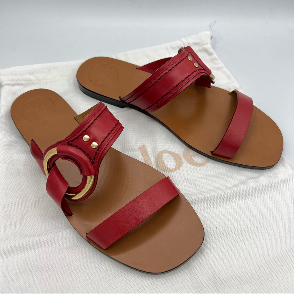 CHLOE Demi Leather Slide Flat Sandals Size EU 39.5 US 9.5 Red Tan Gold hardware - Picture 3 of 8